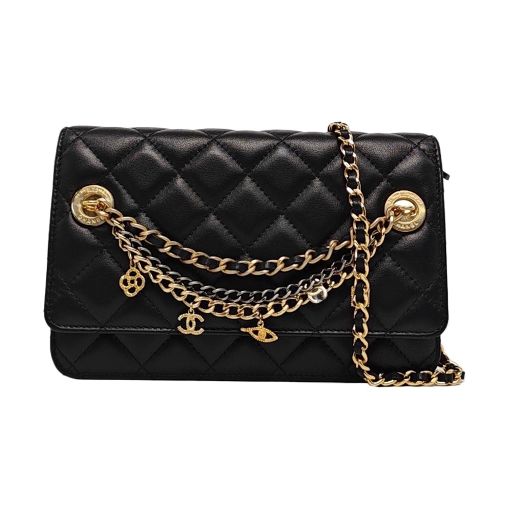 Chanel Black Lambskin Quilted Crossbody Bag with Charms